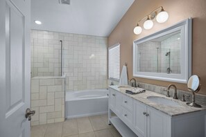 Hair dryer, towels, soap, shampoo