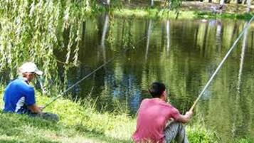 Two people fishing by a calm pond surrounded by greenery.