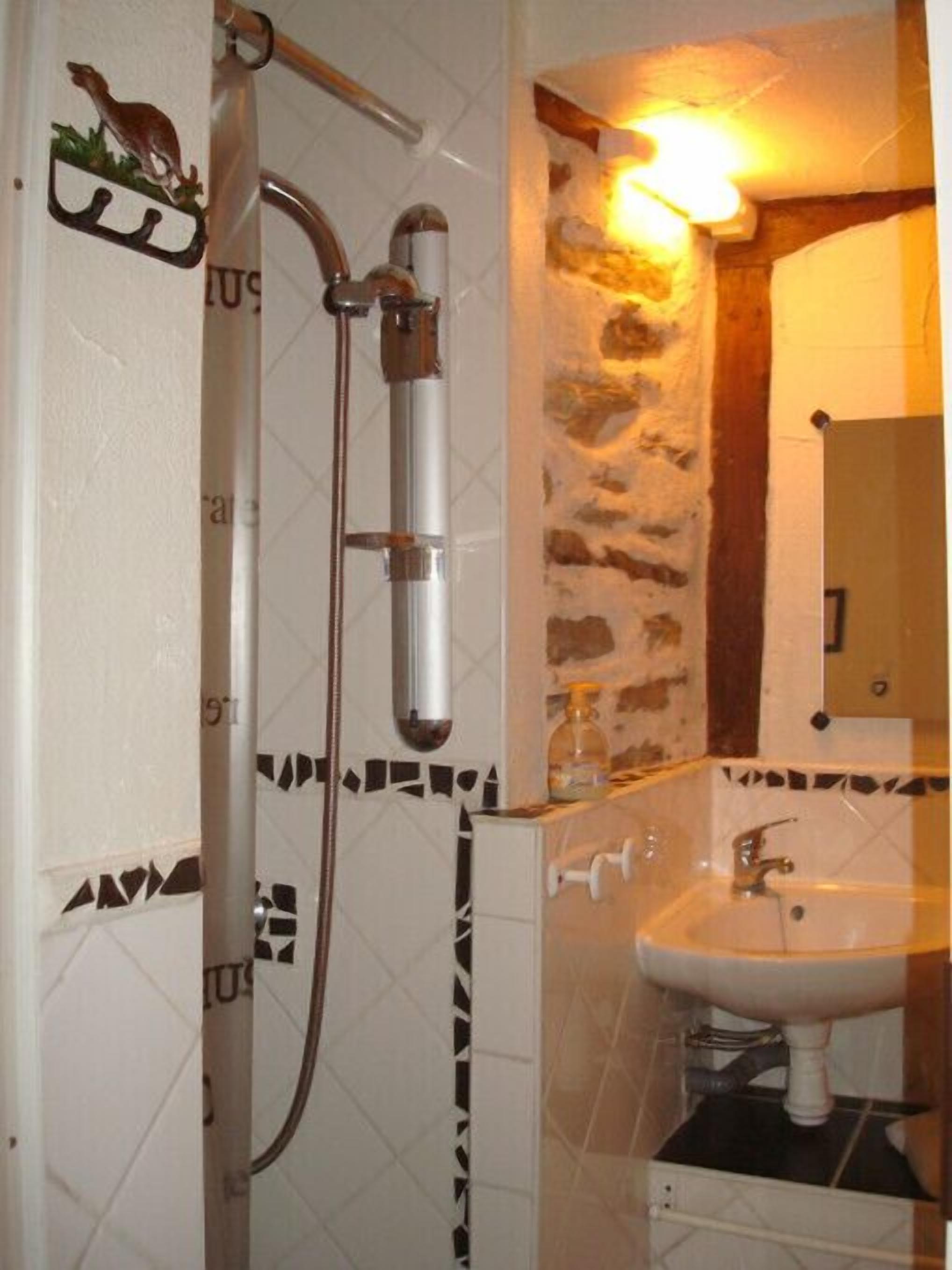 Un bagno con doccia, lavandino e specchio.