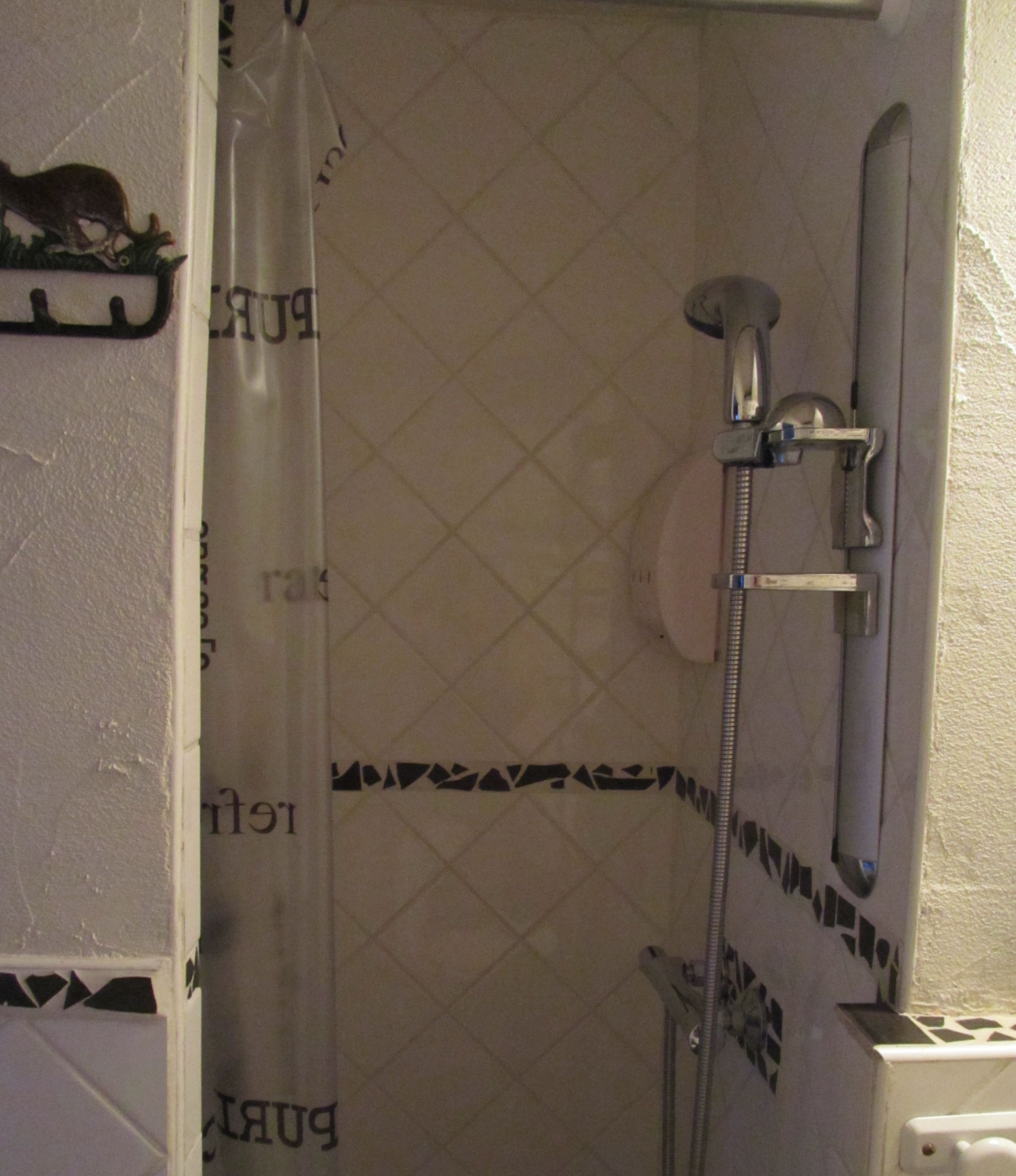 A shower area with a showerhead, a handheld shower attachment, and a shower curtain with text.