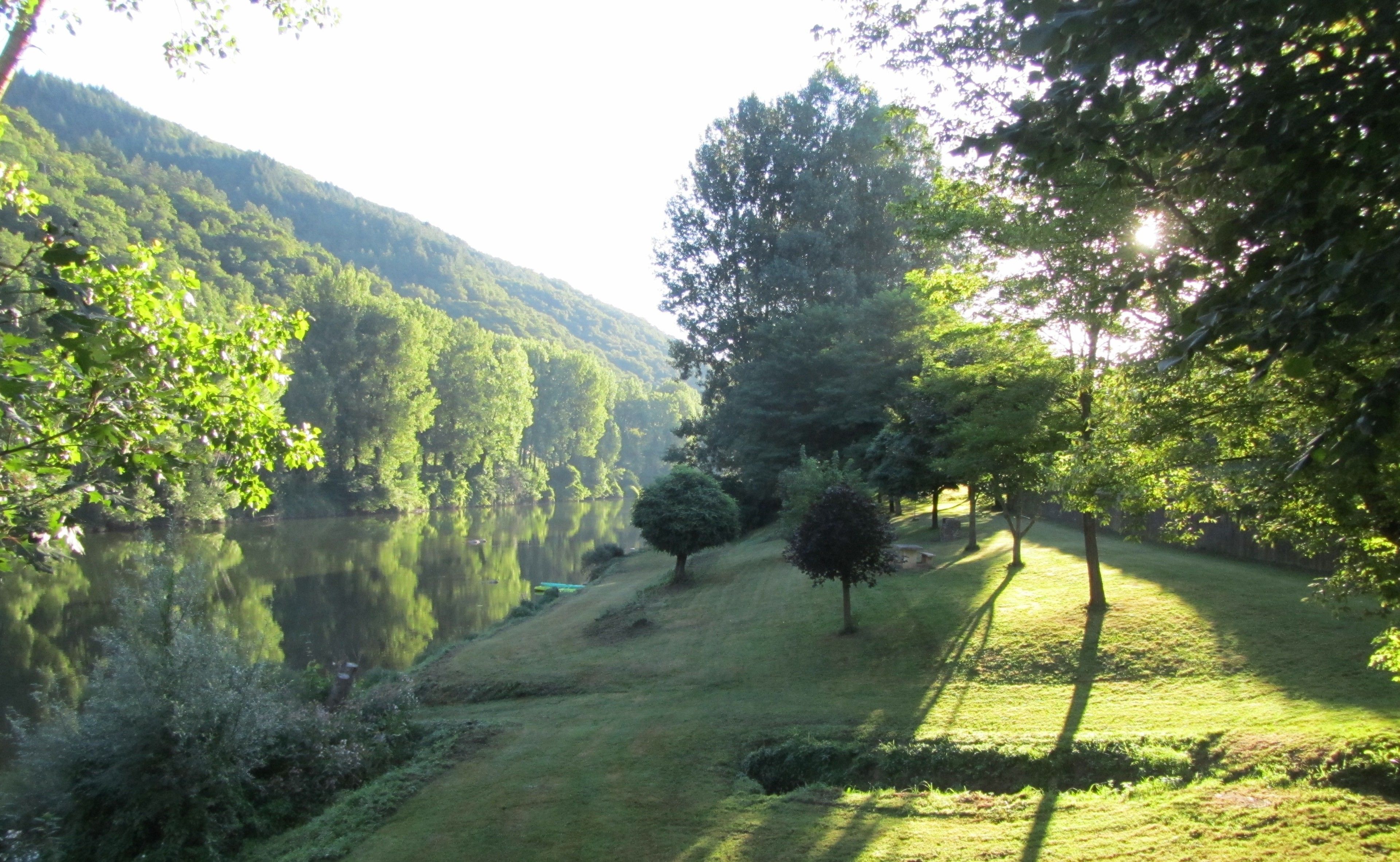 A serene lakeside landscape with lush greenery and trees.