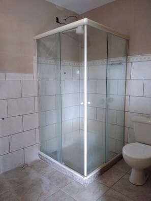 Un baño con ducha de vidrio, inodoro y paredes de azulejos.