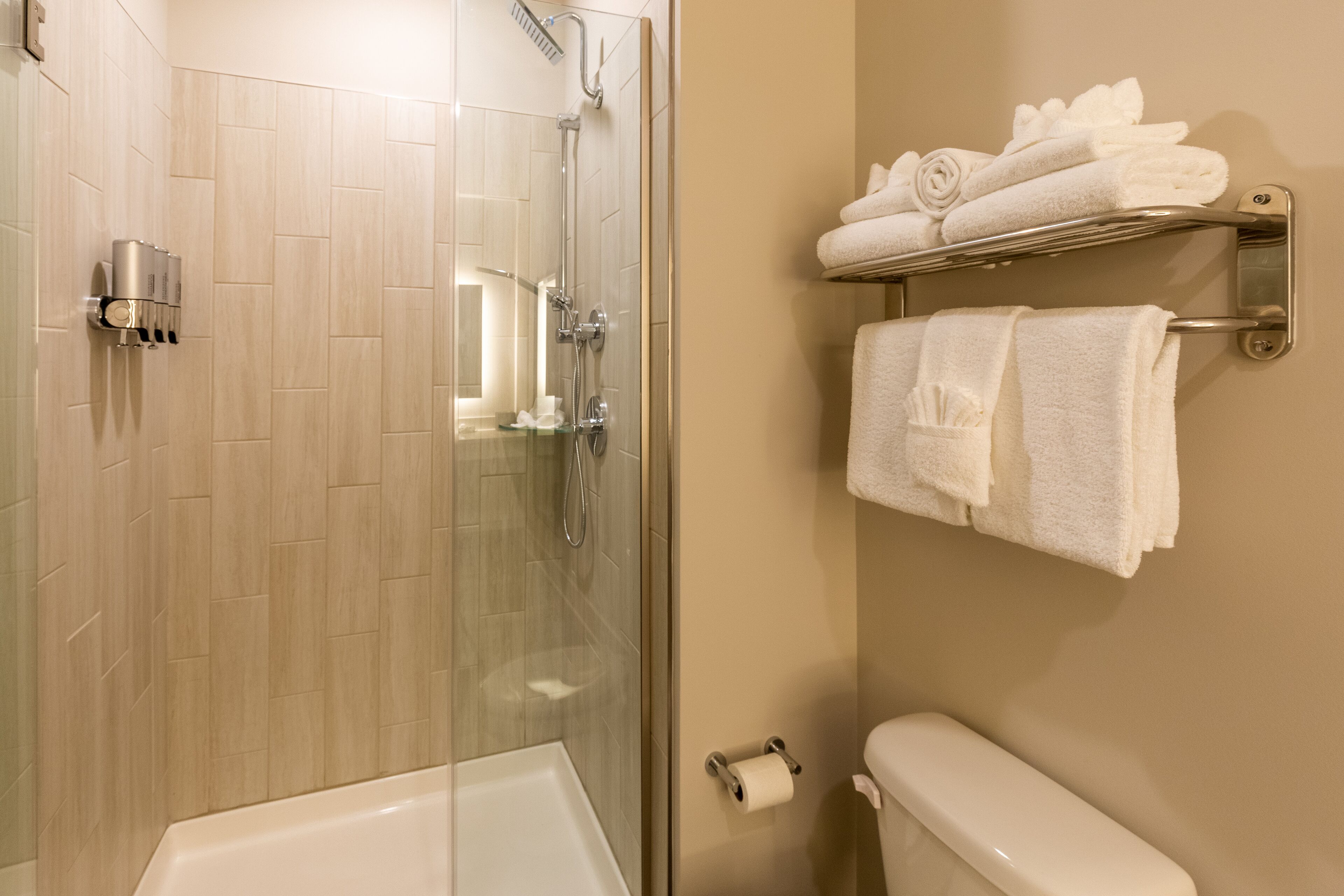 Une salle de bain avec une douche à parois de verre, des toilettes blanches et un porte-serviettes où sont soigneusement pliées les serviettes.