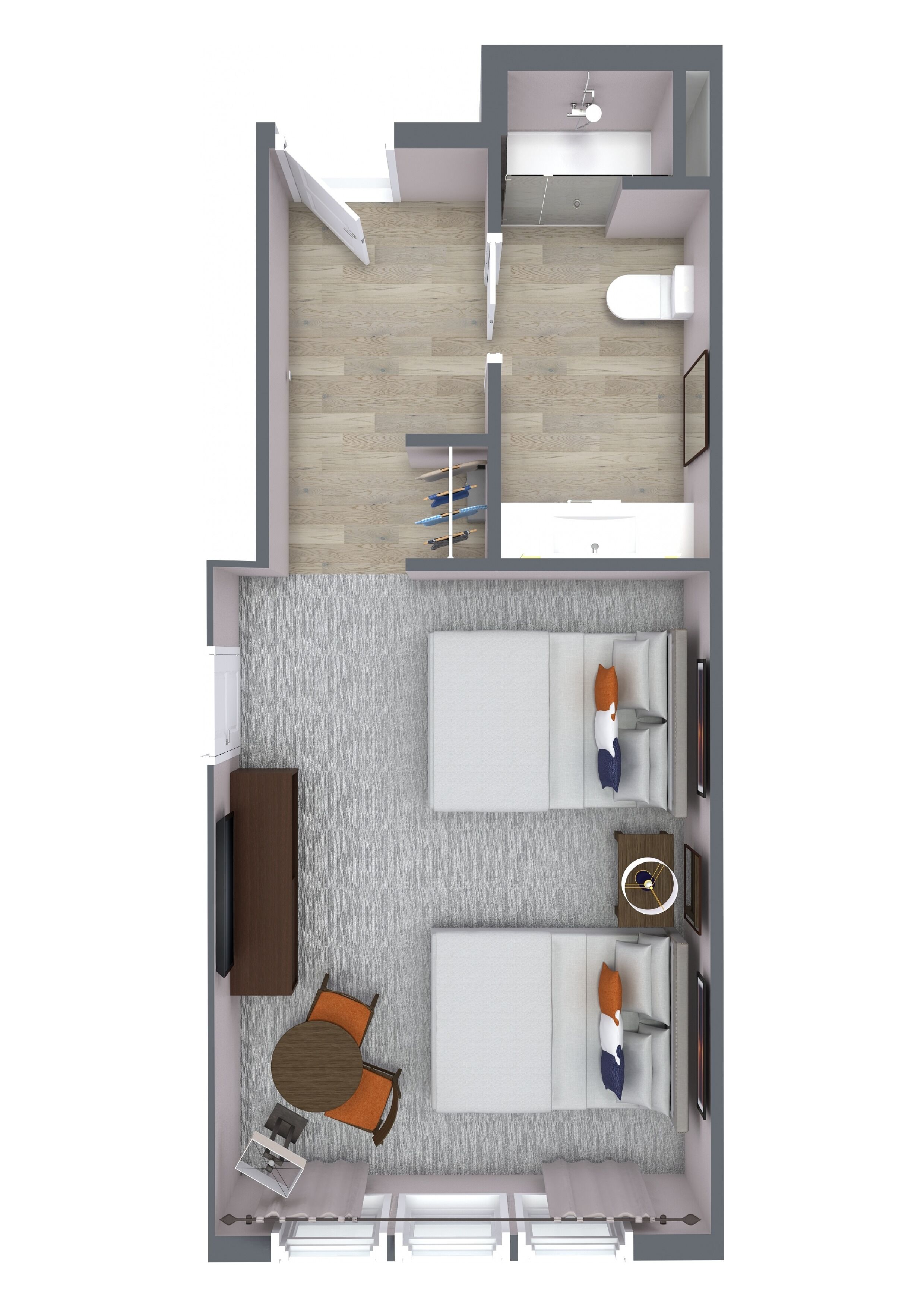A 2-bedroom apartment layout with a living room, dining area, kitchen, and bathroom.