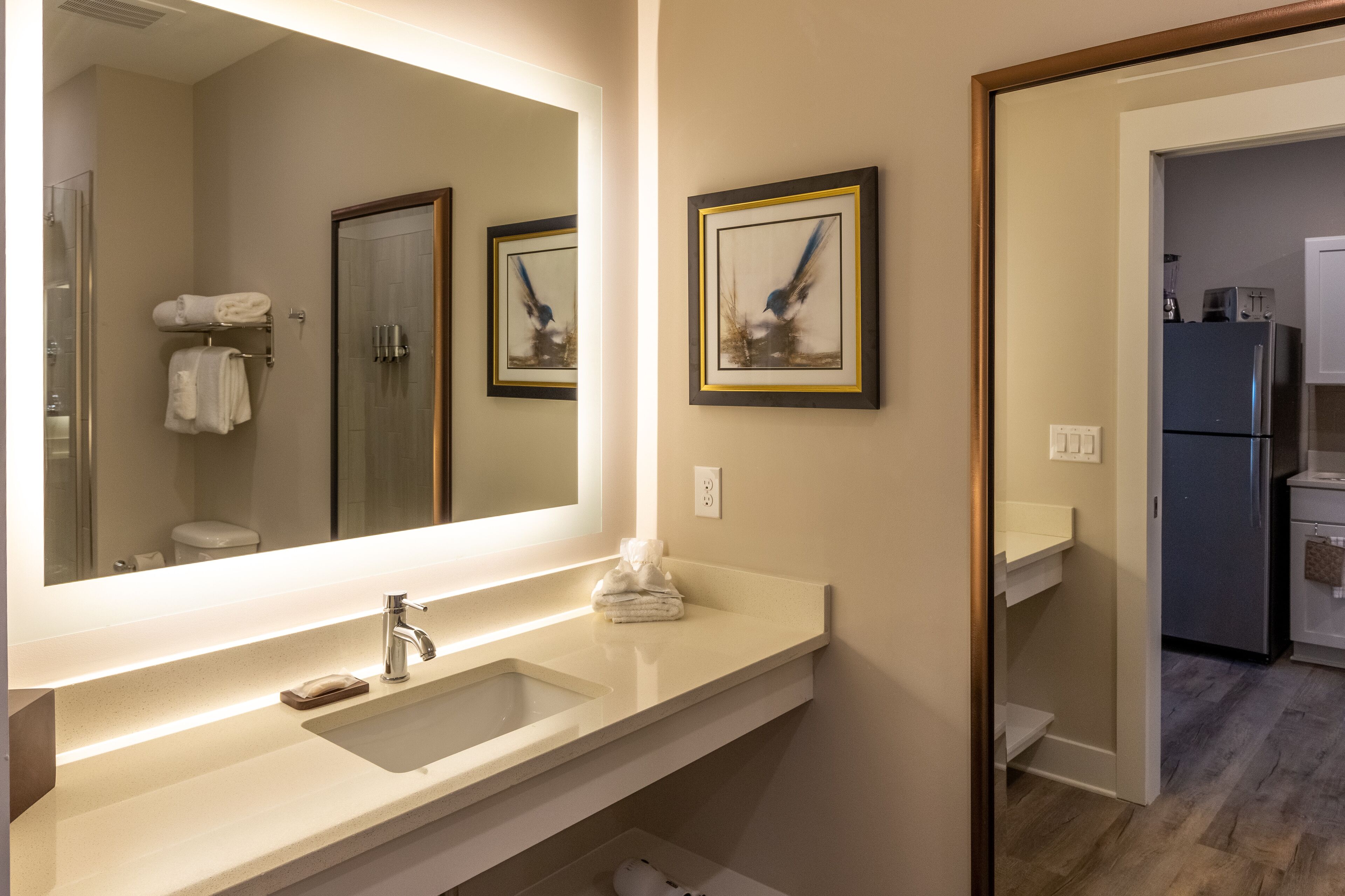 Un baño moderno con un espejo grande, un lavamanos y un inodoro visibles en el reflejo.