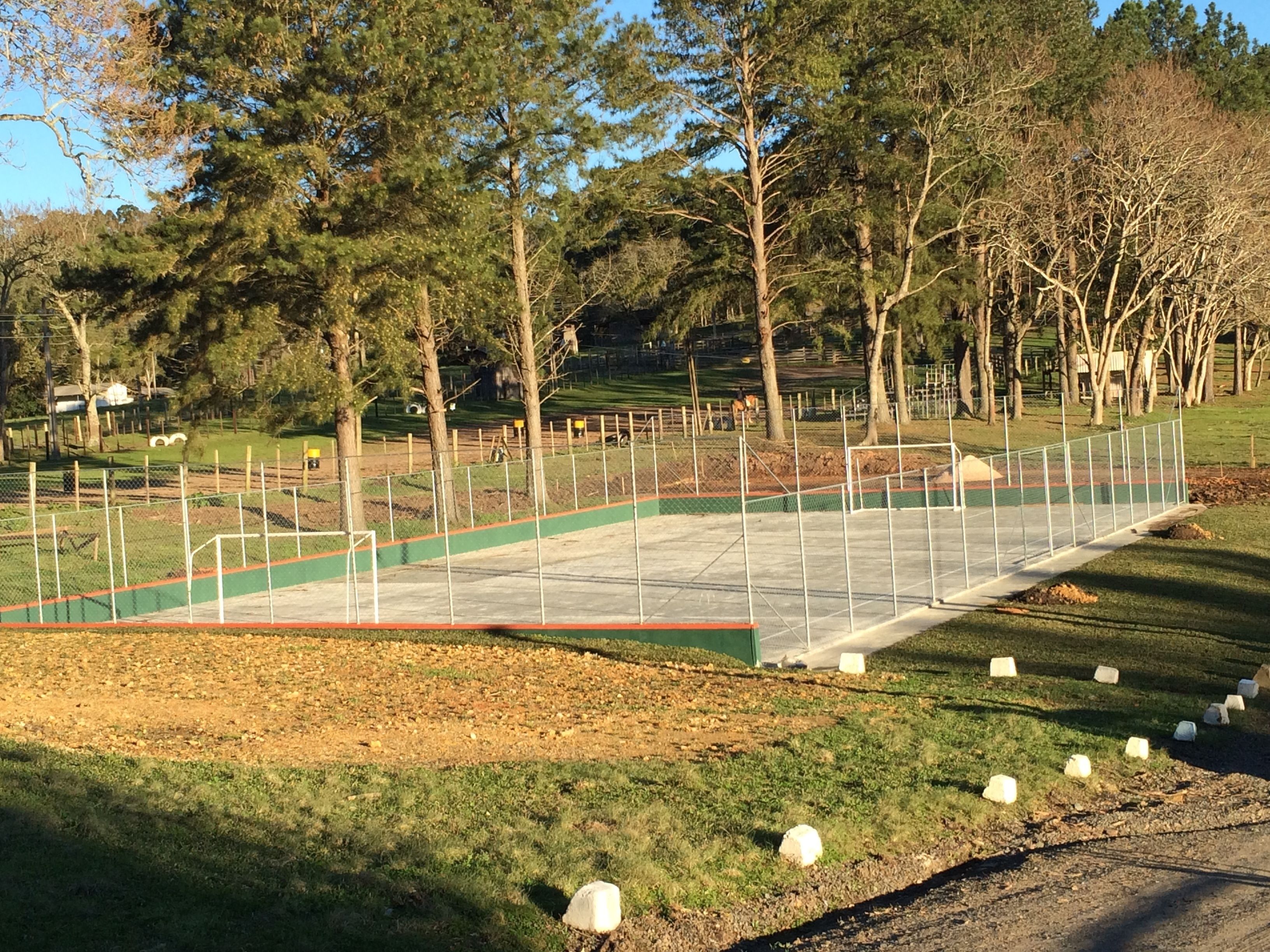 A sports court with a green surface, surrounded by a white fence and trees.