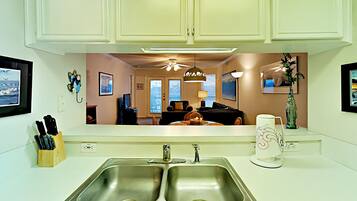 Fridge, microwave, dishwasher, coffee/tea maker