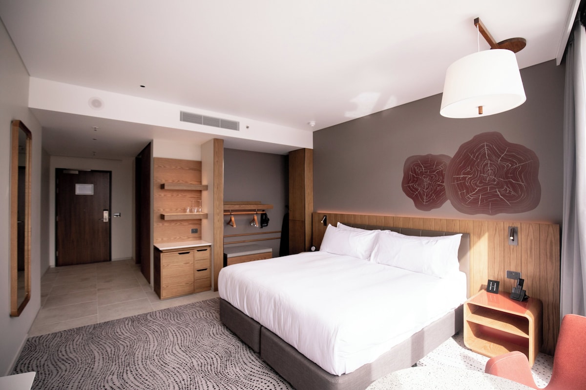 Una habitación de hotel moderna con una cama grande, un escritorio y un armario.