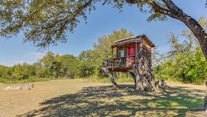 A treehouse with a wooden exterior and a red door, surrounded by trees and grass.