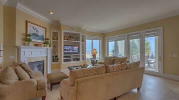 42-inch TV with cable channels, MP3 dock