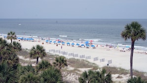 A beach with rows of blue umbrellas, palm trees, and a sandy shore. - Windsor Place 107 (Hilton Head Island)