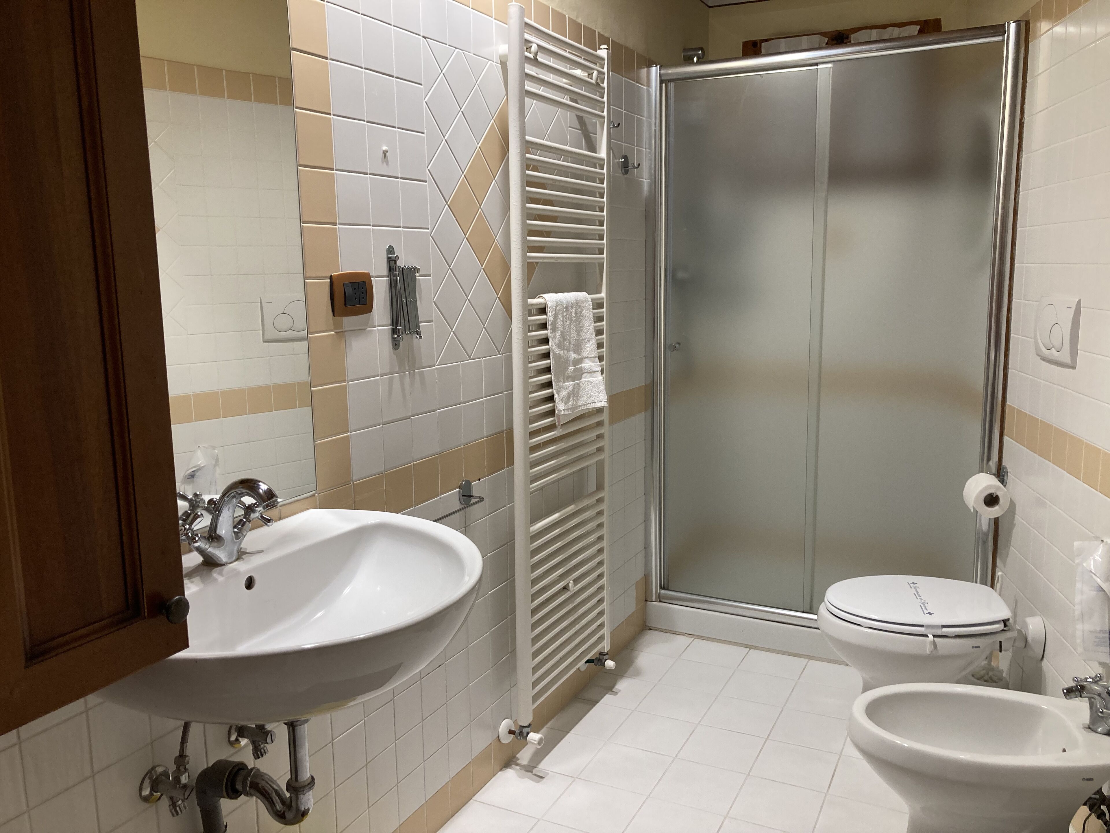 A bathroom with a sink, toilet, and glass shower enclosure.