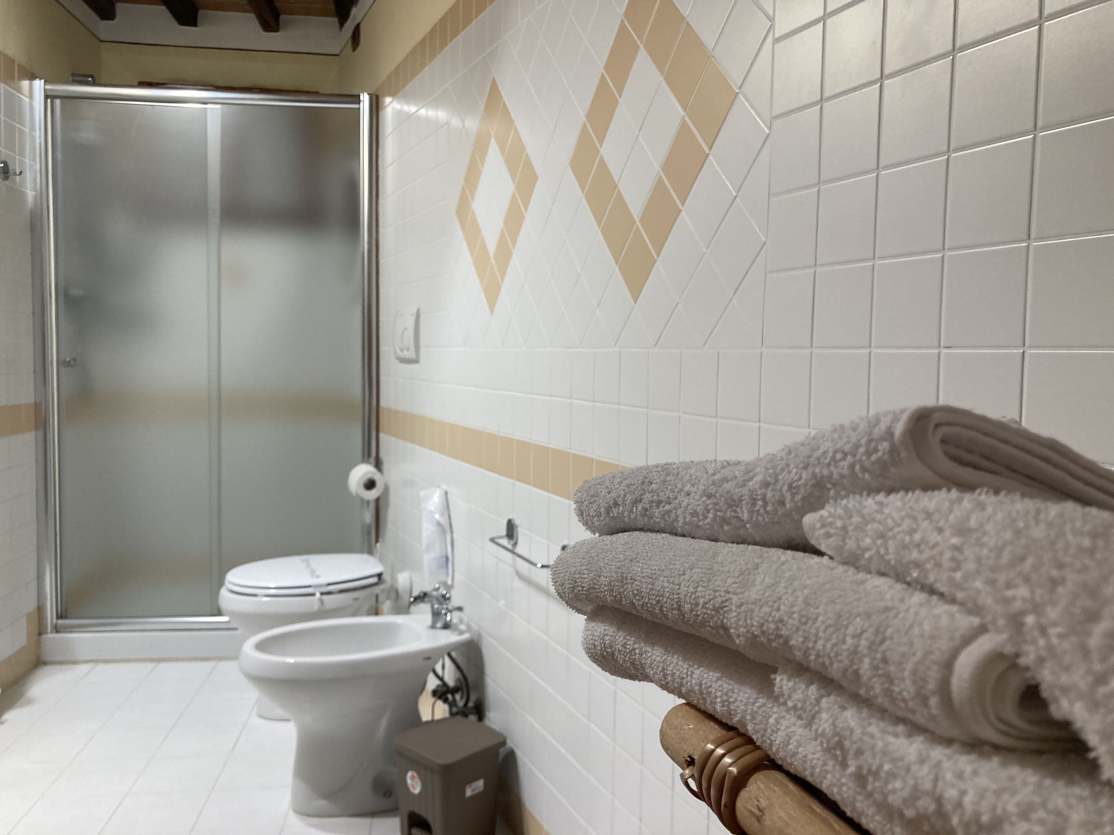 Een douche, een haardroger, een bidet, handdoeken