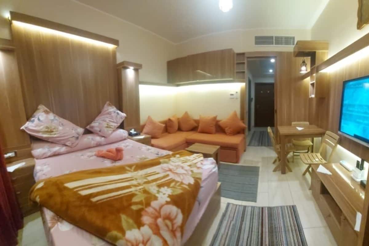 Une chambre d’hôtel moderne équipée d’un canapé-lit, d’un bureau avec une chaise, d’une télévision et d’une armoire en bois.
