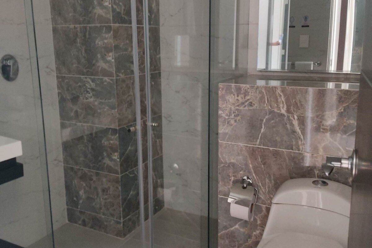 A modern bathroom with a glass-enclosed shower, a marble sink, and a toilet.
