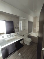 Bañera con ducha, artículos de tocador gratuitos, secador de pelo, bidet
