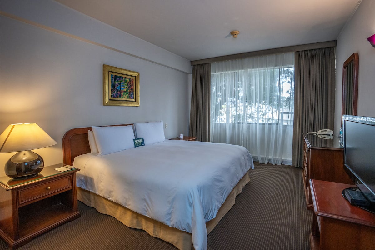 Habitación de hotel con una cama grande, una mesita de noche con lámpara, televisión y ventana con cortinas.
