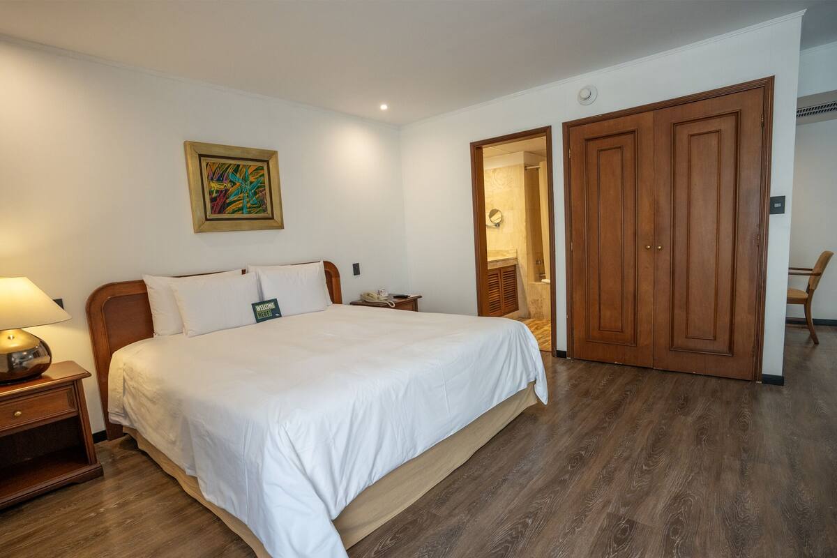 Una cama bien hecha con sábanas blancas, un cabecero de madera y una mesita de noche con una lámpara. En la pared hay un cuadro enmarcado y un armario de madera con un espejo.