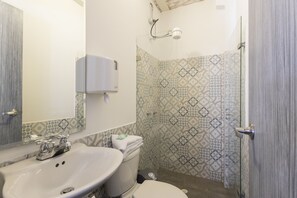 Habitación doble | Baño | Ducha, toallas, jabón y papel higiénico