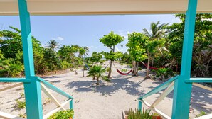 Vista de una playa con una hamaca, palmeras y plantas en macetas.