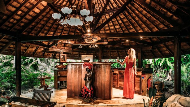 A wooden structure with a thatched roof, a central bar area, and tropical plants around. - Rohotu Fare (Bora Bora)