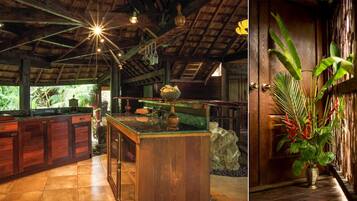 A wooden interior with a central island, wooden cabinets, and a large plant by the door.