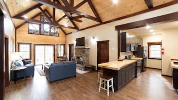 Televisión, chimenea, reproductor de DVD y libros