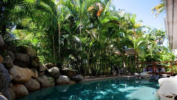 A pool surrounded by rocks and palm trees.