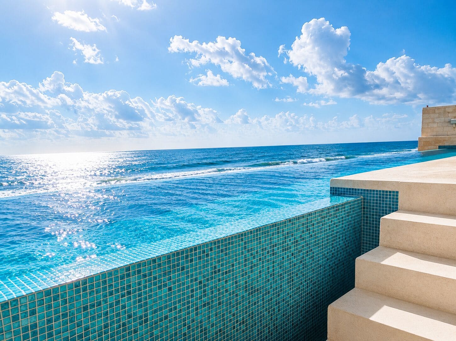 Uma piscina infinita com vista desimpedida do oceano e um céu nublado.