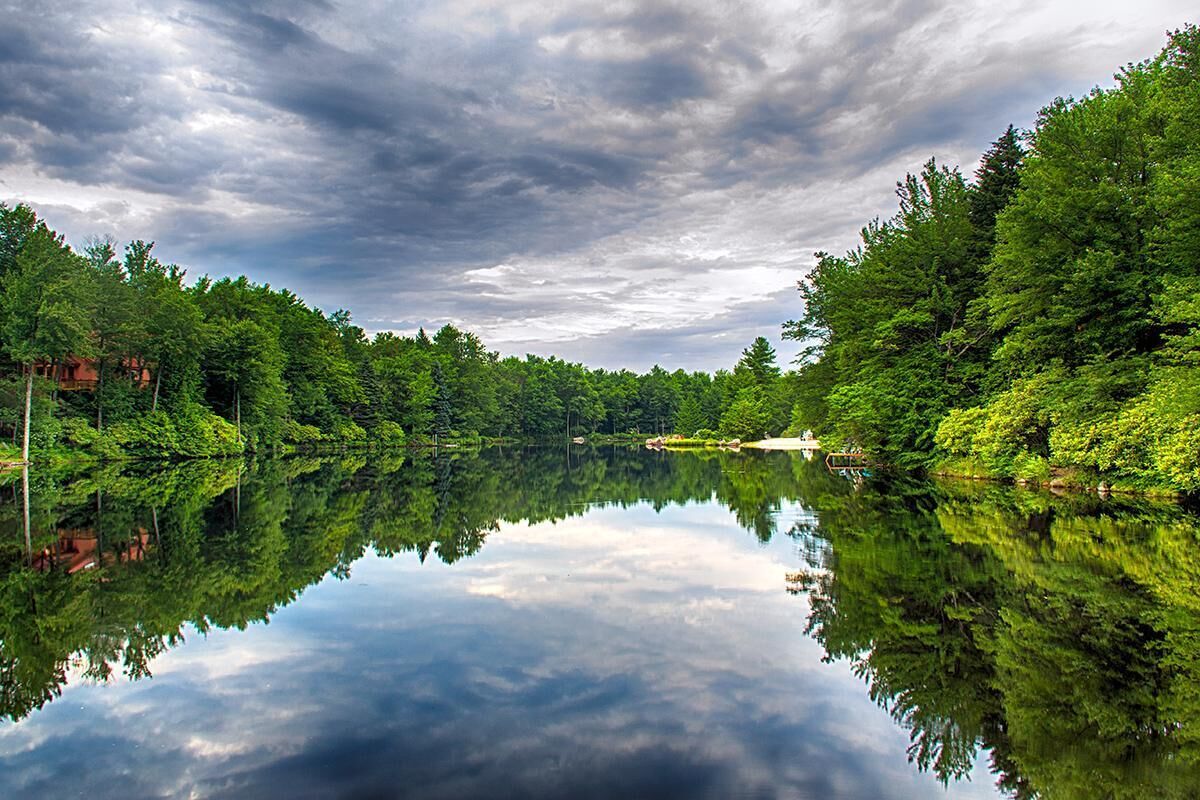 A tranquil lake surrounded by dense green forest with a clear reflection of the trees.