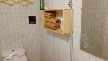 Secador de cabelo, toalhas de banho, shampoo, papel higiênico