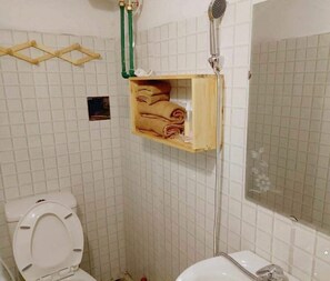Hair dryer, towels, shampoo, toilet paper