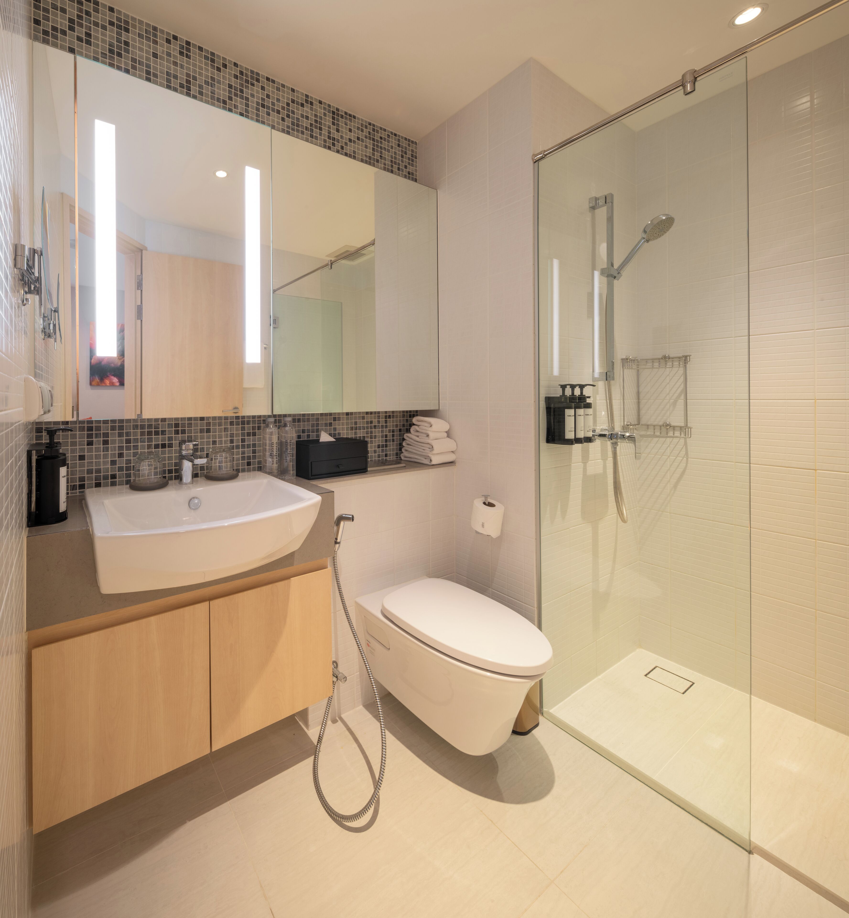 A modern bathroom with a glass-enclosed shower, a white toilet, and a vanity with a sink and mirror.