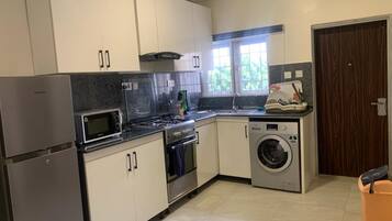 Family Apartment, 3 Bedrooms | Private kitchen | Fridge, microwave, oven, stovetop
