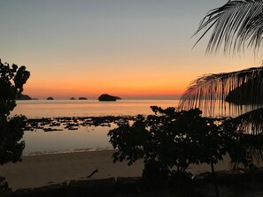 A beach with palm trees and a sunset. - Wild Pasir Panjang Villas (Pulau Tuba)