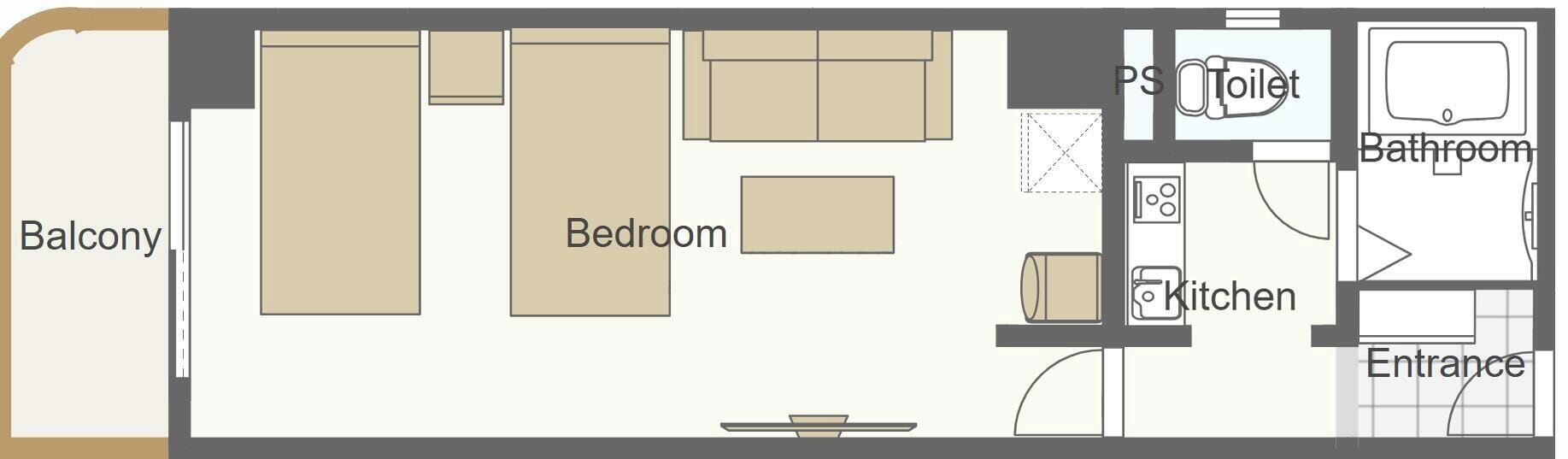 A floor plan with a balcony, bedroom, kitchen, toilet, bathroom, and entrance.