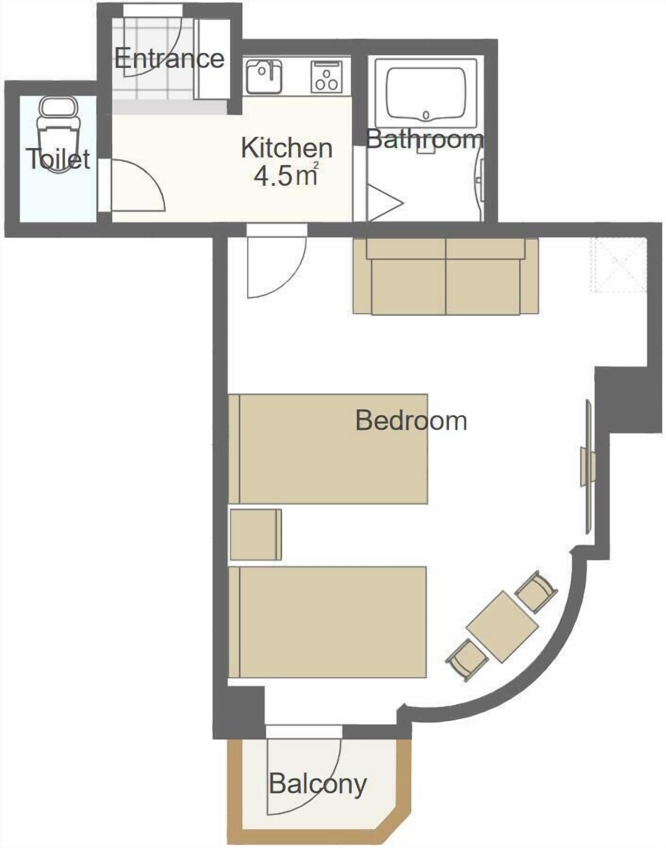 A floor plan with an entrance, kitchen, bathroom, bedroom, and balcony.