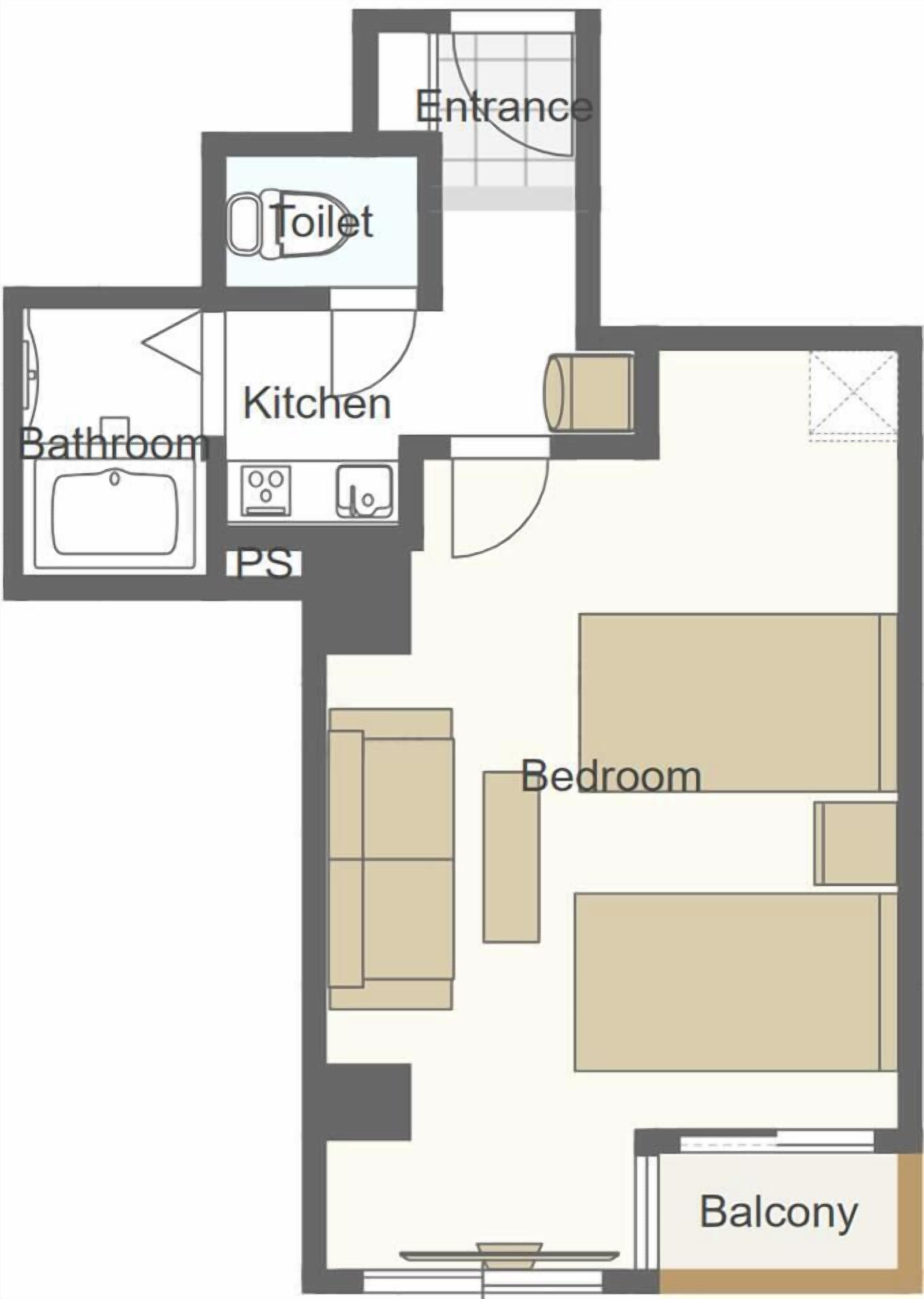 A floor plan with an entrance, toilet, kitchen, bathroom, bedroom, and balcony.