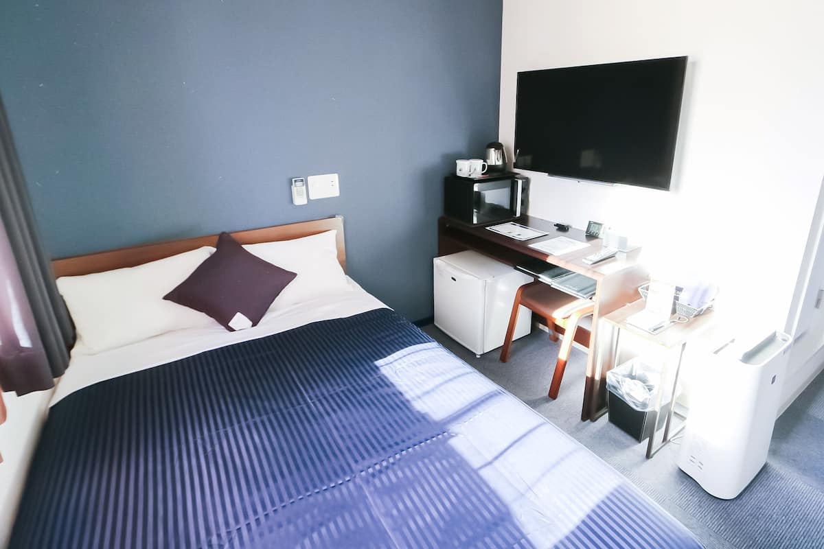 A hotel room with a bed, a desk, a microwave, a TV, and a small refrigerator.