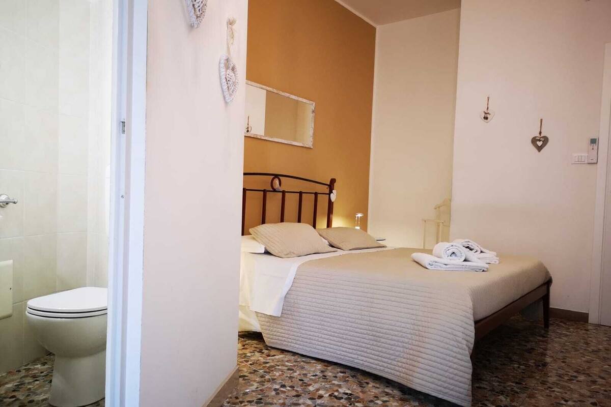A bedroom with a bed, a bathroom with a toilet, and a shower area.