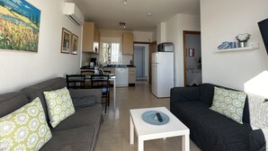 Ein kompakter Wohnbereich mit Küchenzeile, zwei Sofas, einem Esstisch und einem Bild an der Wand.
