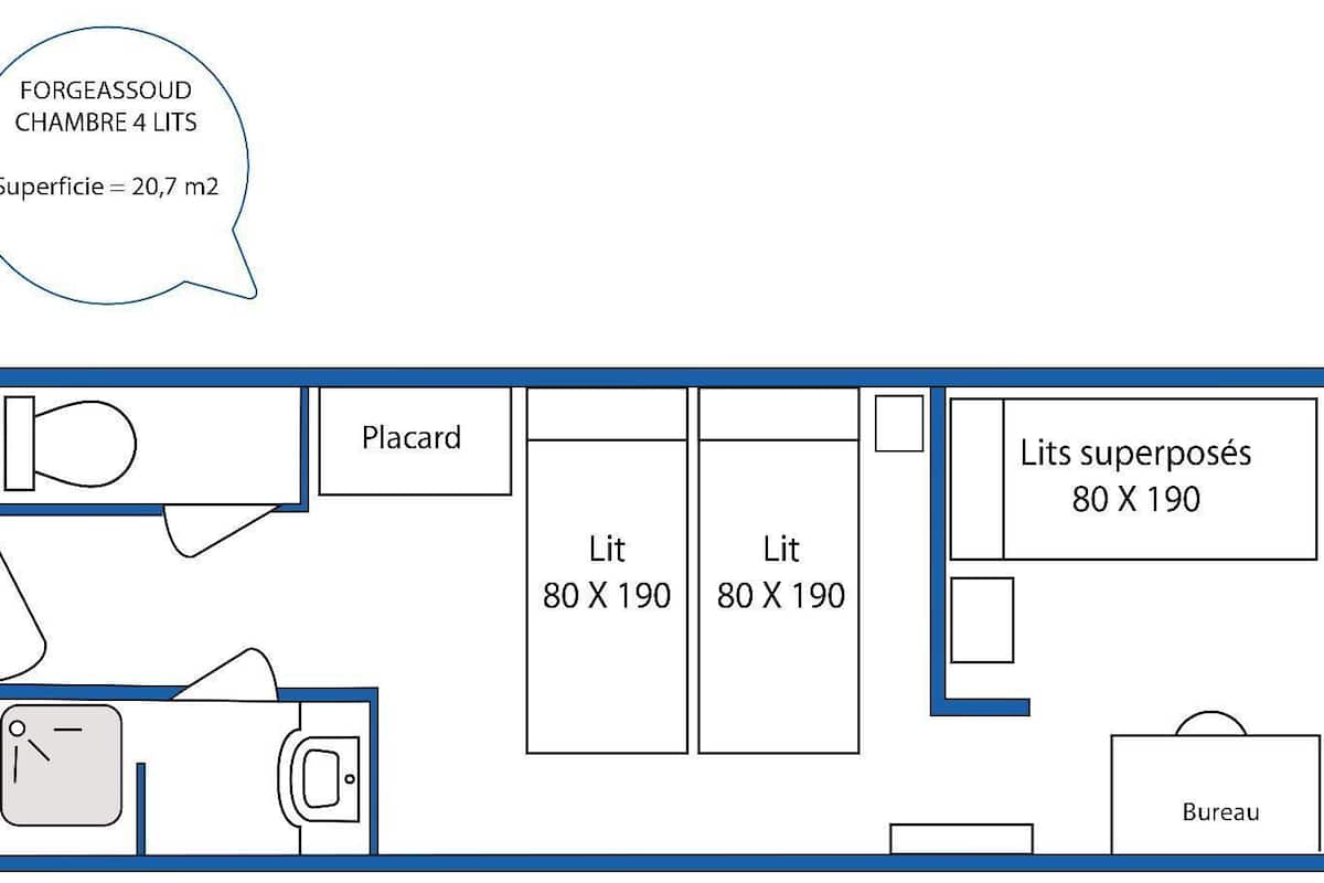 A 4-liter forge room with a 20.7 m2 surface area, including a placard, two workstations, and a superimposed 80 x 190 storage unit.
