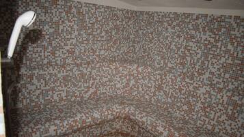 Bathroom features a shower area with a showerhead and a mosaic-tiled wall.