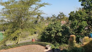 A landscaped garden with various trees and shrubs, a paved walkway, and a view of distant buildings. - Southey House (Kloof)