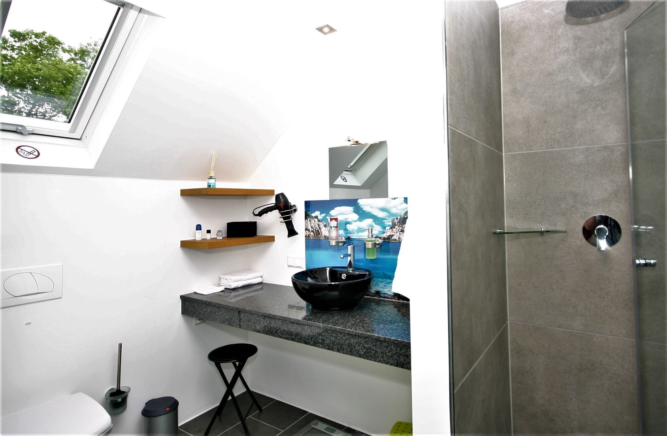 Een moderne badkamer met dakraam, een zwart wastafel en een douche met glazen deur.