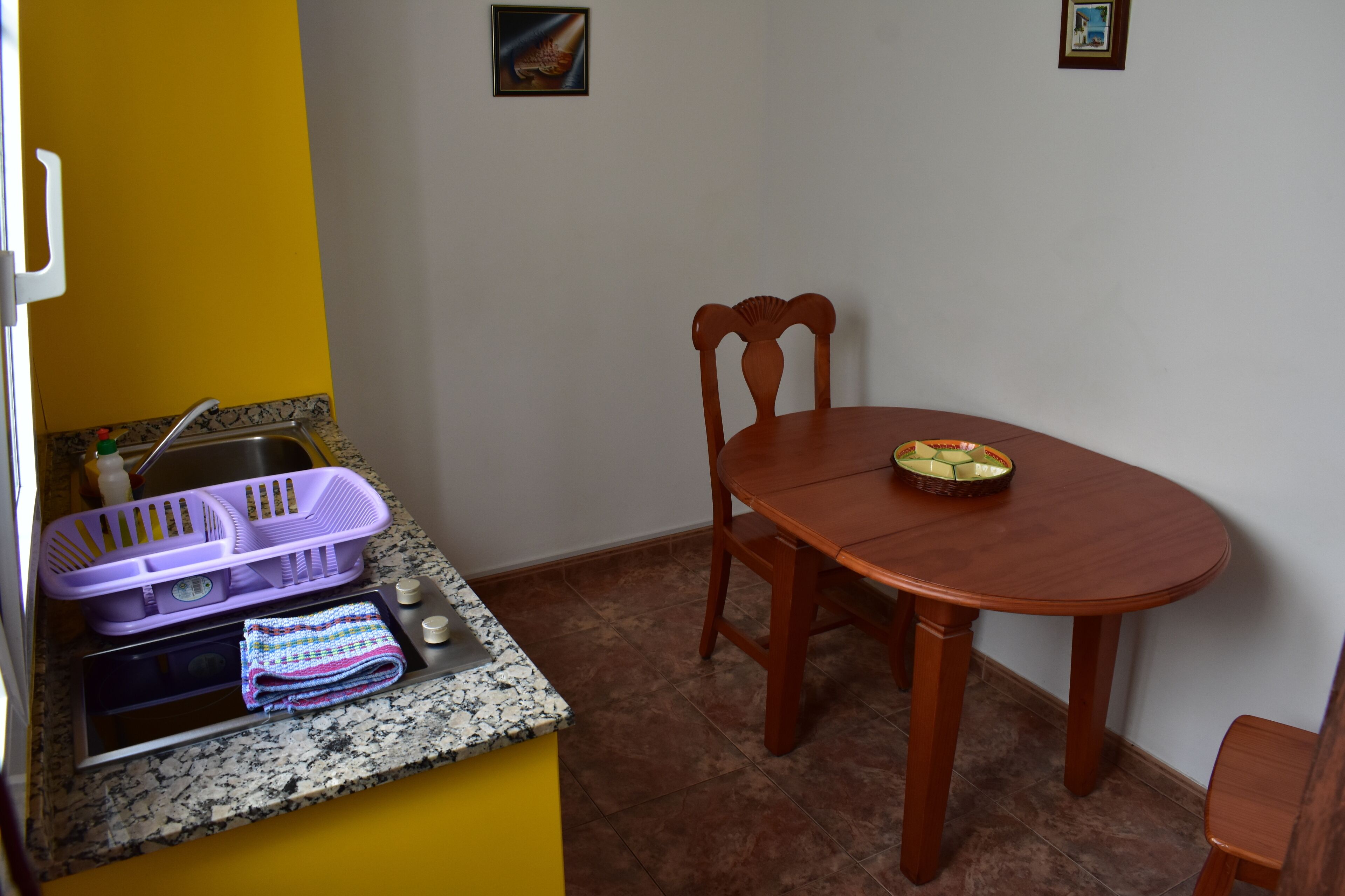 Desk, laptop workspace, blackout curtains, iron/ironing board