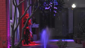 A nighttime scene with a fountain, a red-lit staircase, and potted plants.