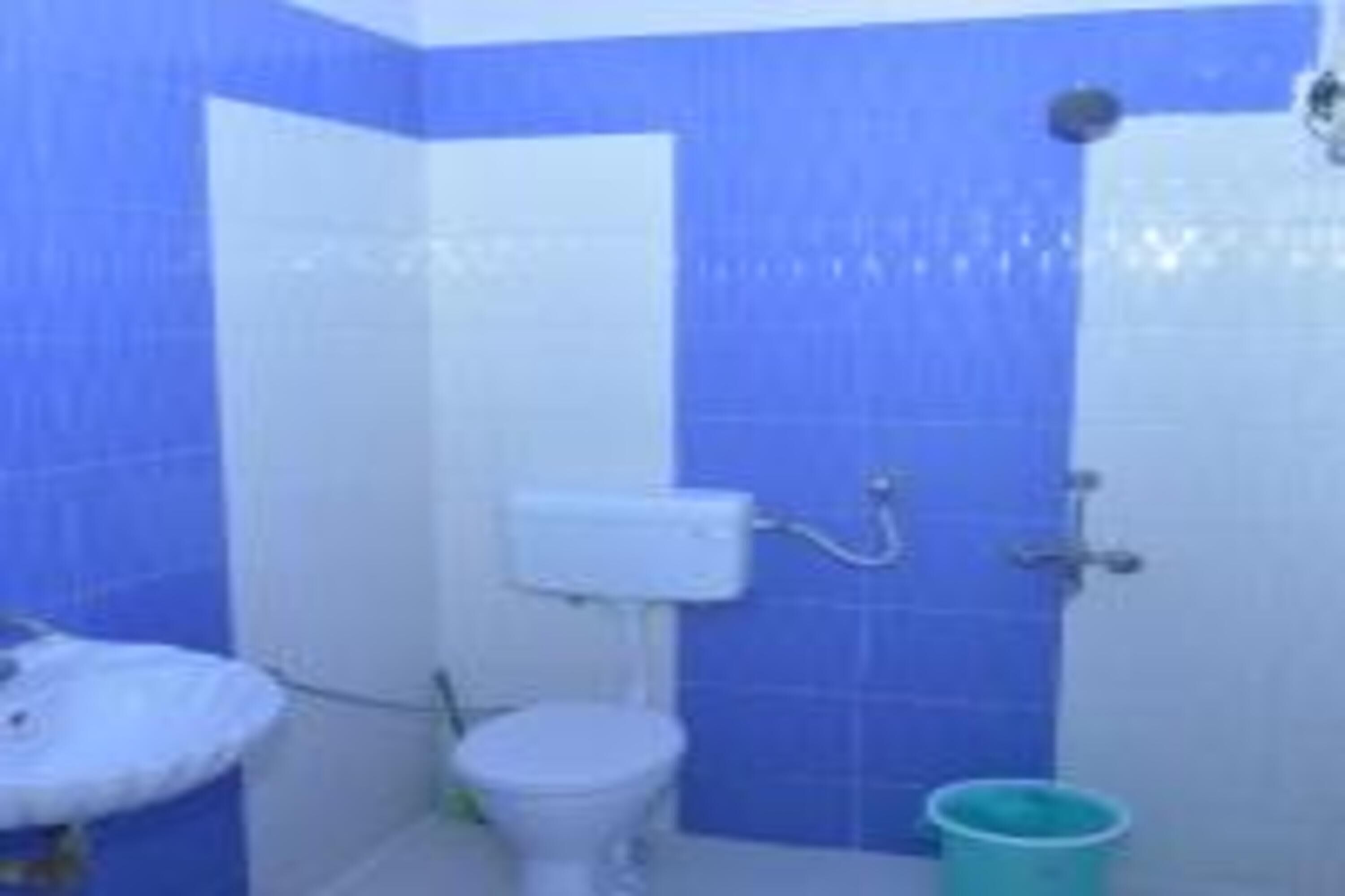 A bathroom with blue and white tiles, a toilet, a shower, and a bucket.