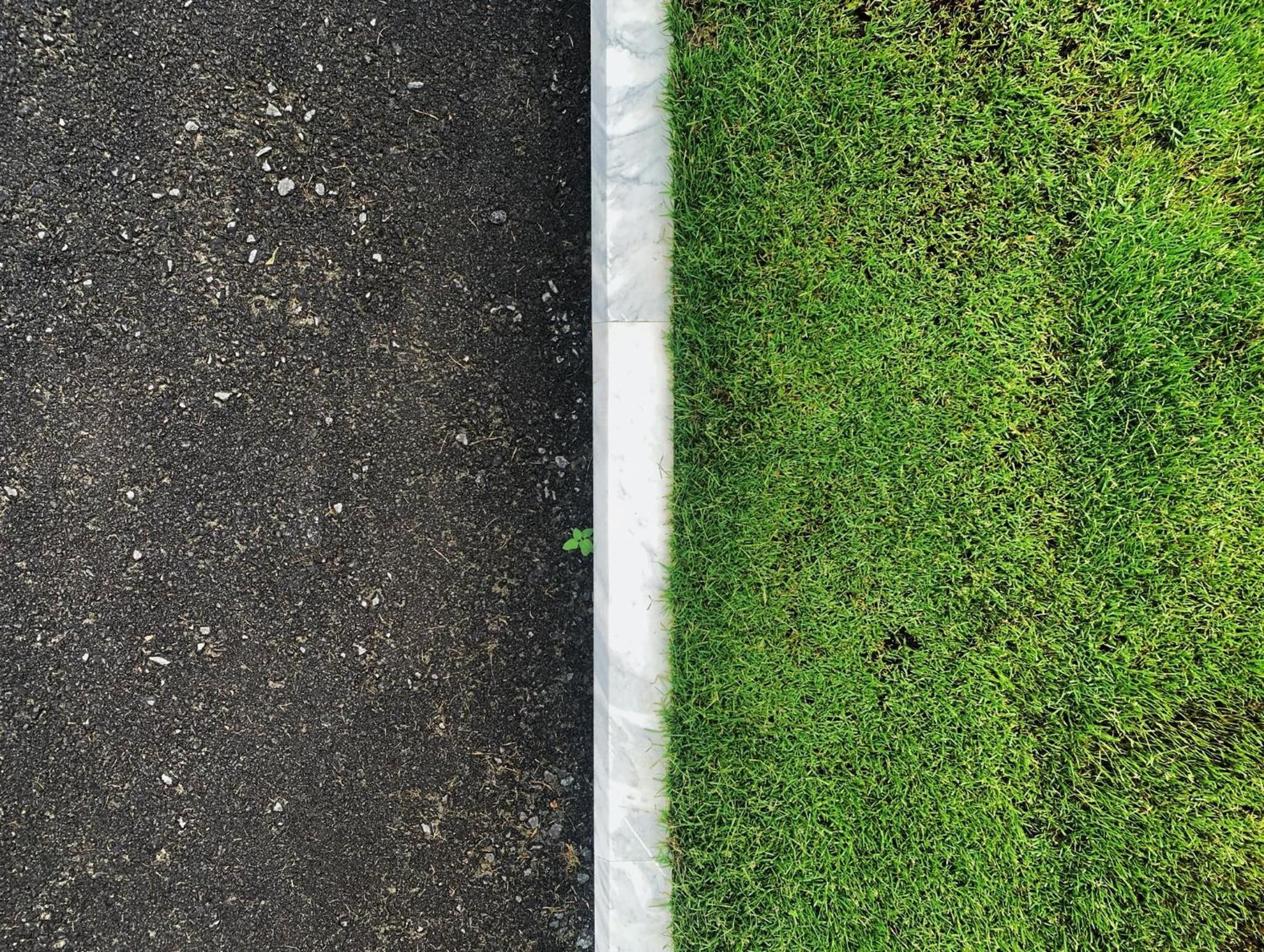 Cruce de una carretera con una línea blanca que delimita un área cubierta de césped.