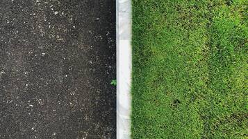 Cruce de una carretera con una línea blanca que delimita un área cubierta de césped.